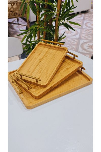 behila Set of 3 Luxury Bamboo Trays Tea Tray, Presentation Tray with Handles, Coffee Presentation Tray
