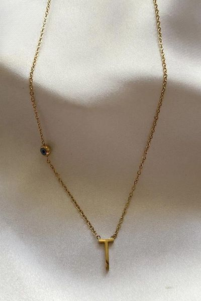 senfonijewelry Evil Eye Beaded Letter Steel Necklace Letter T