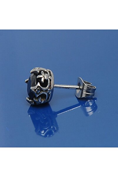 Genel Markalar Siyah Zirkon Taşlı Motorcu Vintage Erkek Çelik Küpe (tekli)