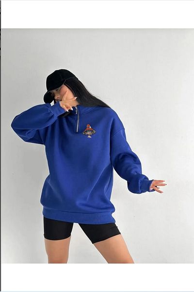 macklin Hanorac unisex cu imprimeu ciuperci pentru femei și fete - guler stand, jumătate cu fermoar