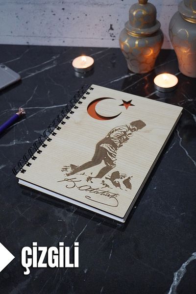 markcat Kemal Atatürk Themed Lined Wooden Cover Notebook - for Agenda and School (A5 - 120 Pages)