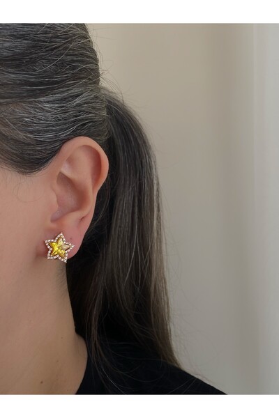 Owentis Çelişk Sarı Taşlı Klipsli Yıldız Artino Küpe -kararma yapmaz-