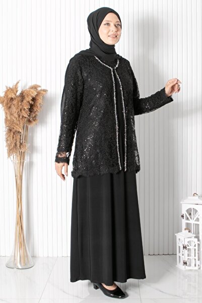 SUBU TASARIM Black Lace Evening Dress with Sequin Detail, Mda2311