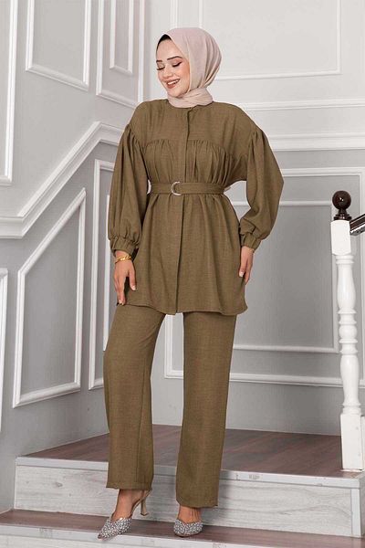 EBRUTESETTÜR Linen Hijab Double Set - Balloon Sleeve and Neck Button