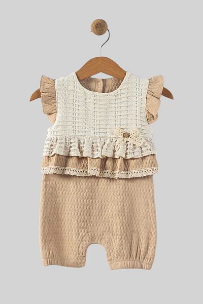 dinamik çocuk Stylish Baby Girl Jumpsuit with Scalloped Sleeve Detail 0-3/3-6/6-9/9-12 months Special Day Holiday