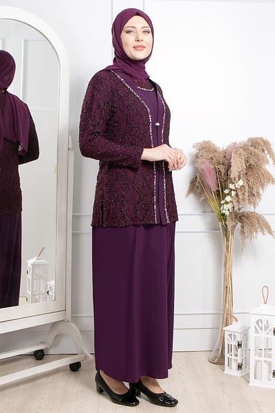 SUBU TASARIM Plum Evening Dress Set - Embroidered Jacket and Detailed Tbs2306