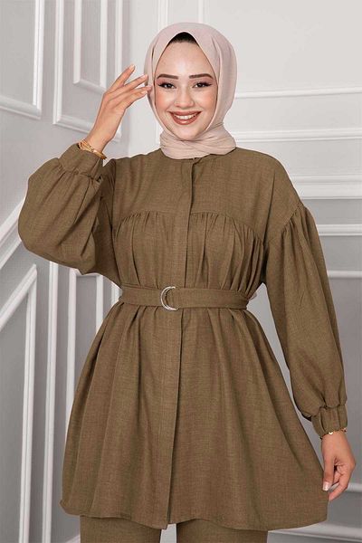 EBRUTESETTÜR Linen Hijab Double Set - Balloon Sleeve and Neck Button