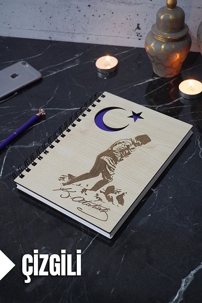 markcat Caiet cu copertă din lemn cu dungi tematice Kemal Atatürk - pentru agendă și școală (A5 - 120 coli)