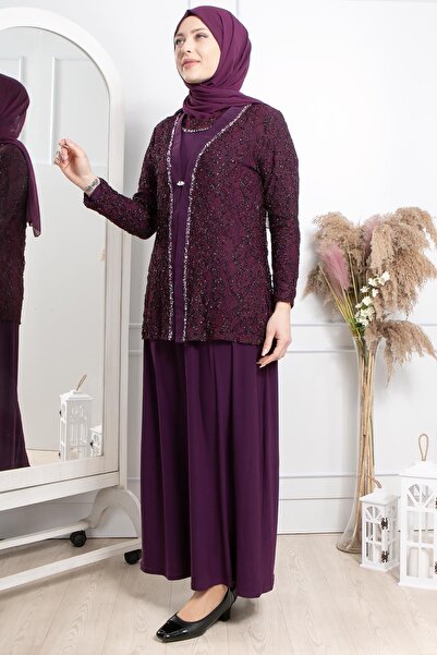 SUBU TASARIM Plum Evening Dress Set - Embroidered Jacket and Detailed Tbs2306