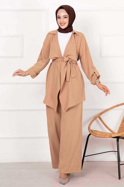 EBRUTESETTÜR Imported Crepe Double Set with Foldable Sleeves and Belted - Mobile