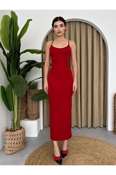 GibiyoWear DİONYSOS Sırt Dekolteli Askılı Kırmızı Elbise