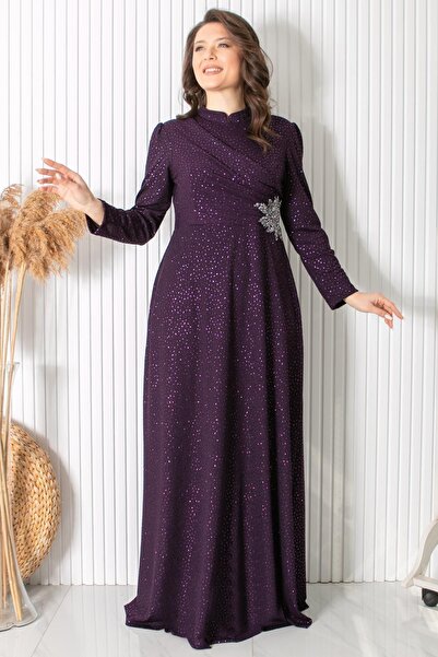 SUBU TASARIM Βραδινό φόρεμα Plum - Λεπτομέρεια εκτύπωσης Glitter και Stone TBS2424
