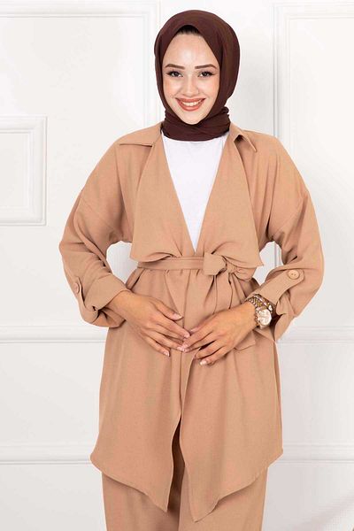 EBRUTESETTÜR Imported Crepe Double Set with Foldable Sleeves and Belted - Mobile