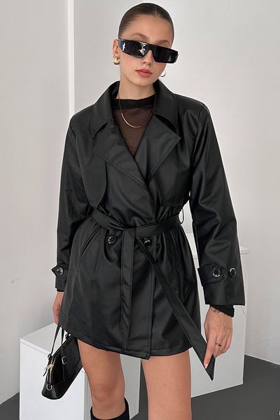Lin Collection Black Leather Women's Trench Coat - Intermediate Length, Belted Pocket, Buttoned, Back Detail E3451-2377