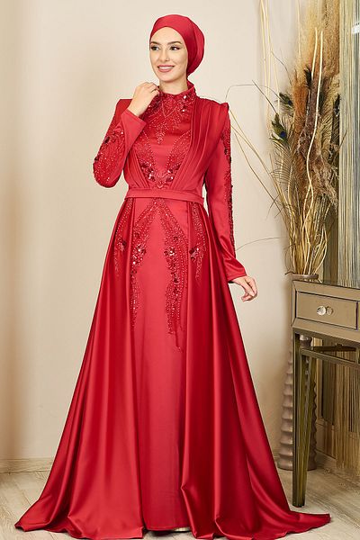 Surikka Bead Embroidered Draped Train Miranda Evening Dress