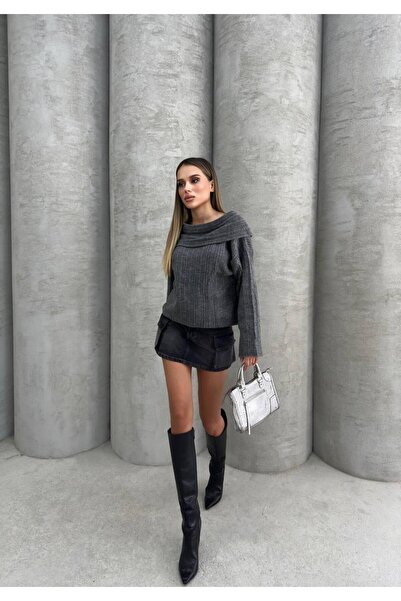 MetuCA Γυναικεία γκρι μακρυμάνικη πλεκτή μπλούζα με ανοιχτό ώμο