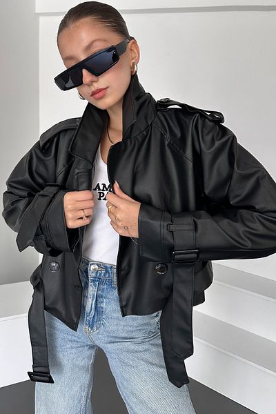 Lin Collection Women's Black Leather Short Trench Coat - Belt and Button Detail, Lined 3451- 23862386