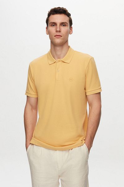D'S Damat Light Yellow Embroidered Polo Collar 100% Cotton Regular Fit T-shirt
