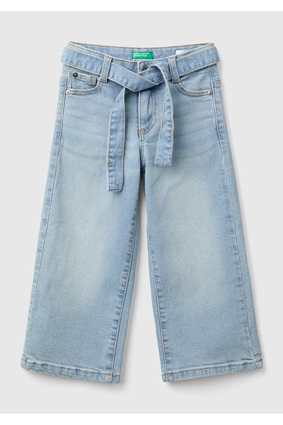 United Colors of Benetton Kız Çocuk Denim Arka Cebi Logo Detaylı Beli Kuşaklı Geniş Paça Pantolon