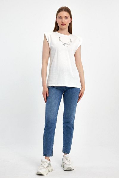 PEPPER MİNT LONDON Chain Detailed Shoulder Padded T-Shirt