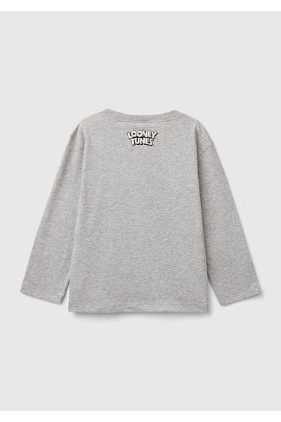 United Colors of Benetton Boy's Gray Looney Tunes Printed Long Sleeve T-shirt - Melange Sleeve