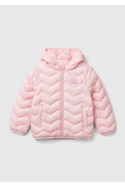 United Colors of Benetton Light Pink Girl's Coat - Hooded and Thin Pufa