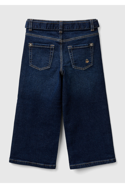 United Colors of Benetton Pantaloni pentru fete din denim închis - Detaliu cu logo, talie cu curea, picior lat