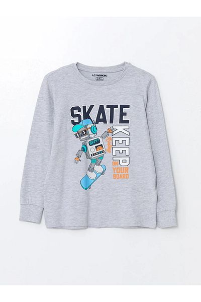 LC Waikiki Lcw Kids Boy's Pajamas Set - Light Gray Melange, Crew Neck, Printed, Long Sleeve