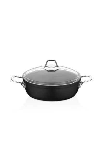 Amboss Dark Flat Pot with Glass Lid Fireproof Non-Stick Titanium Coating - 26 Cm