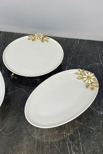 MAY HOME Papatya 3-Piece Porcelain Presentation Plate Set with Footrest