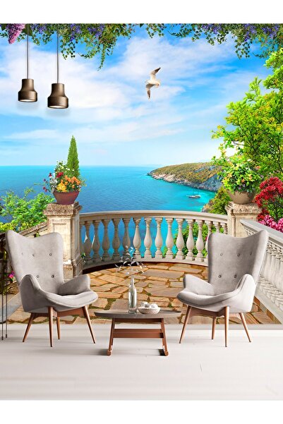 dreamwall Deniz Manzaralı Balkon Desenli Tekstil Duvar Kağıdı