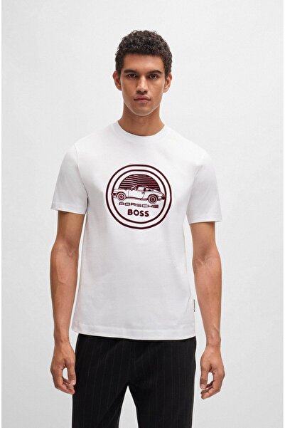 BOSS Erkek Porsche Logolu Pamuklu Beyaz T-Shirt 50522795-100
