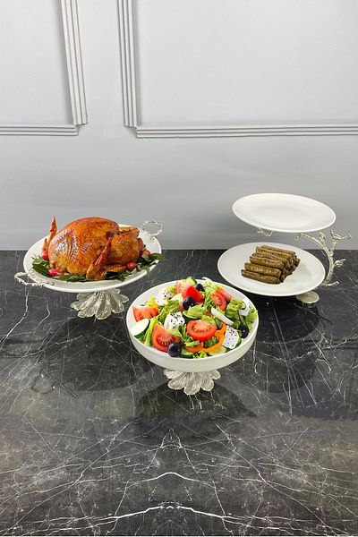 MAY HOME طقم تقديم أدوات المائدة المكونة من 3 قطع من البورسلين ووعاء بمقبض وطبقتين من طبق البسكويت