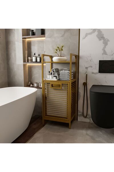 Mudesa Doğal Ahşap Bambu Banyo Düzenleyici Raf Bambu Çamaşır Sepeti 2 Raflı Kirli Sepeti Banyo Mutfak Rafı