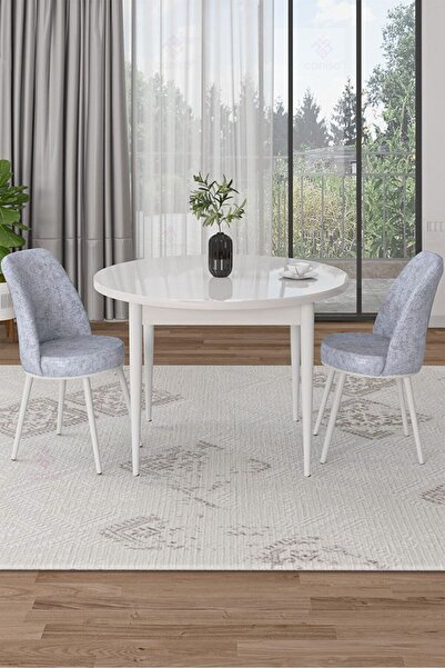 Canisa Tor Serisi Yuvarlak Beyaz Mutfak Masa Takımı ve 2 Gri Sandalye