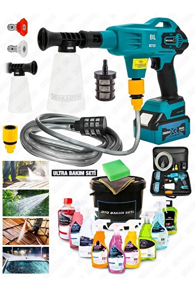 Graizer Alman 3800 Vf 100 Bar Kömürsüz Şarjlı Oto Yıkama Makinesi Çift Akü Bahçe Yıkama + 12 Pcs Bakım Seti