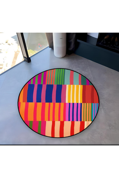 Rugs Modern Halı Çok Renkli Çizgili Geometrik Desenli Yuvarlak Dokuma Taban M...