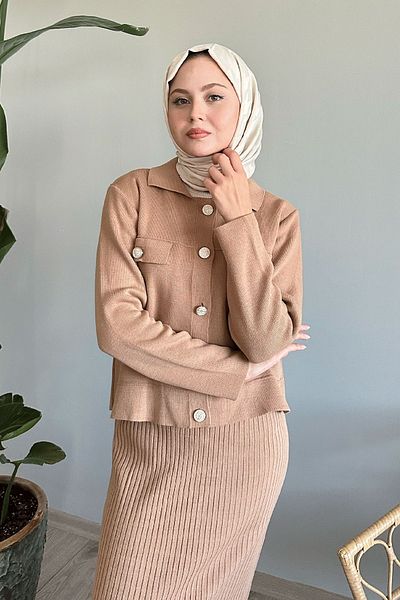 InStyle Σετ μπουφάν και φορέματος με πλεκτά καμηλό χρώμα