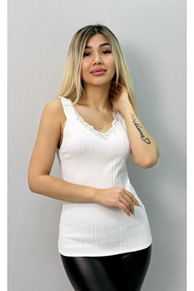 aytenli Gipür Detaylı V Yaka Büyük Beden Kalın Askılı Ince Triko Bluz