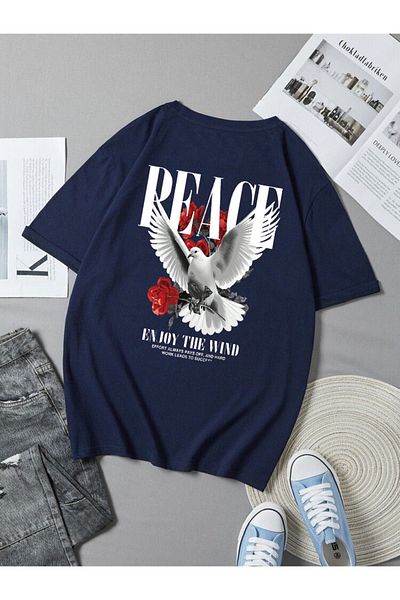 DEEPSENCE Μπλουζάκι Navy Blue Unisex Oversize - Εκτύπωση πλάτης PEACE Dove