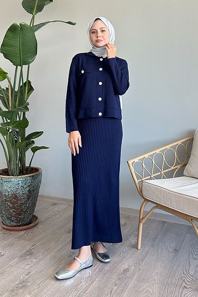 InStyle Navy Blue Knitwear Dress Set with Jacket
