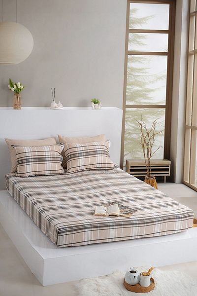 KetraHome Maljuna Bohemo - Cappuccino Plaid Elastic Sheet Set