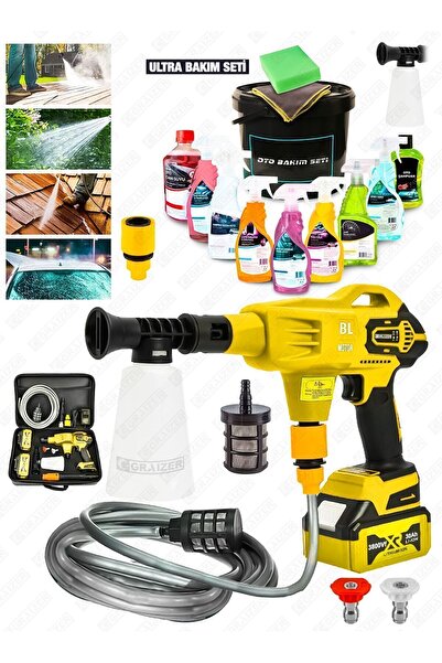 Graizer Alman 3800 Vf 100 Bar Kömürsüz Şarjlı Oto Yıkama Makinesi Çift Akü Bahçe Yıkama + 12 Pcs Bakım Seti