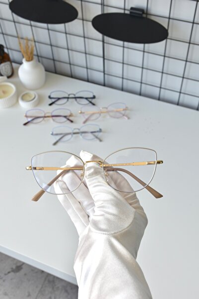 LOOKUP NEW Cream Beige Metal Cat Eye Unisex Women Men Transparent Blue Light Protection Filter Blue Block Glasses