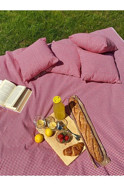 Soft Colours Authentic Retro Red Gingham Picnic Cloth and 4 Cushion Set Balcony Set