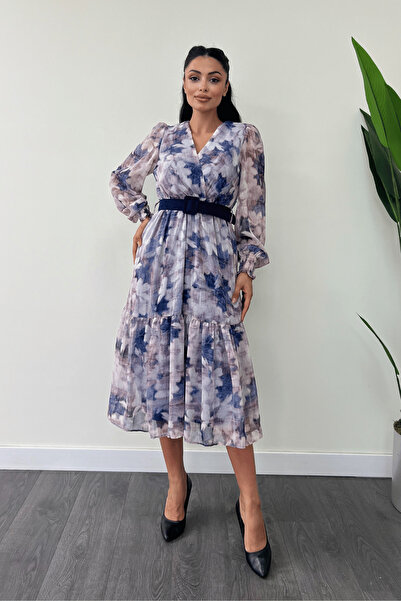 giyimmasalı Rochie din țesătură șifon cu guler dublu - ALBASTRU