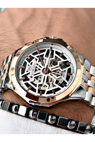 Reward Men's Silver Color Automatic Wrist Watch and Steel Cord - Bracelet Included