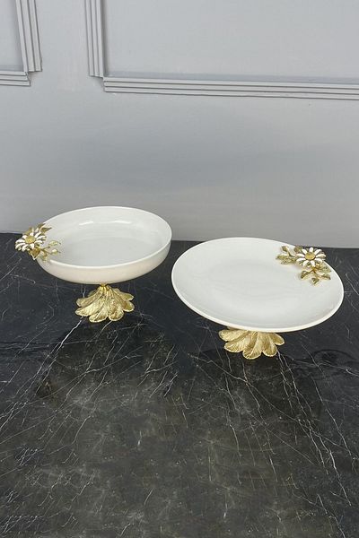 MAY HOME Papatya 2-Piece Footed Porcelain Presentation Plate Bowl Set