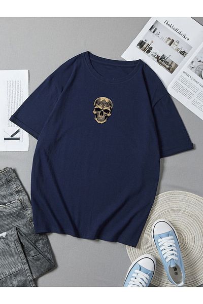 DEEPSENCE Μπλουζάκι Navy Blue Unisex Oversize - Μοτίβο Rose Skull