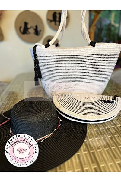 DOUBLE KNOT DESİGN 3lü Takım Plaj Çantası , El Çantası Clutch, Şapka, Totebag...